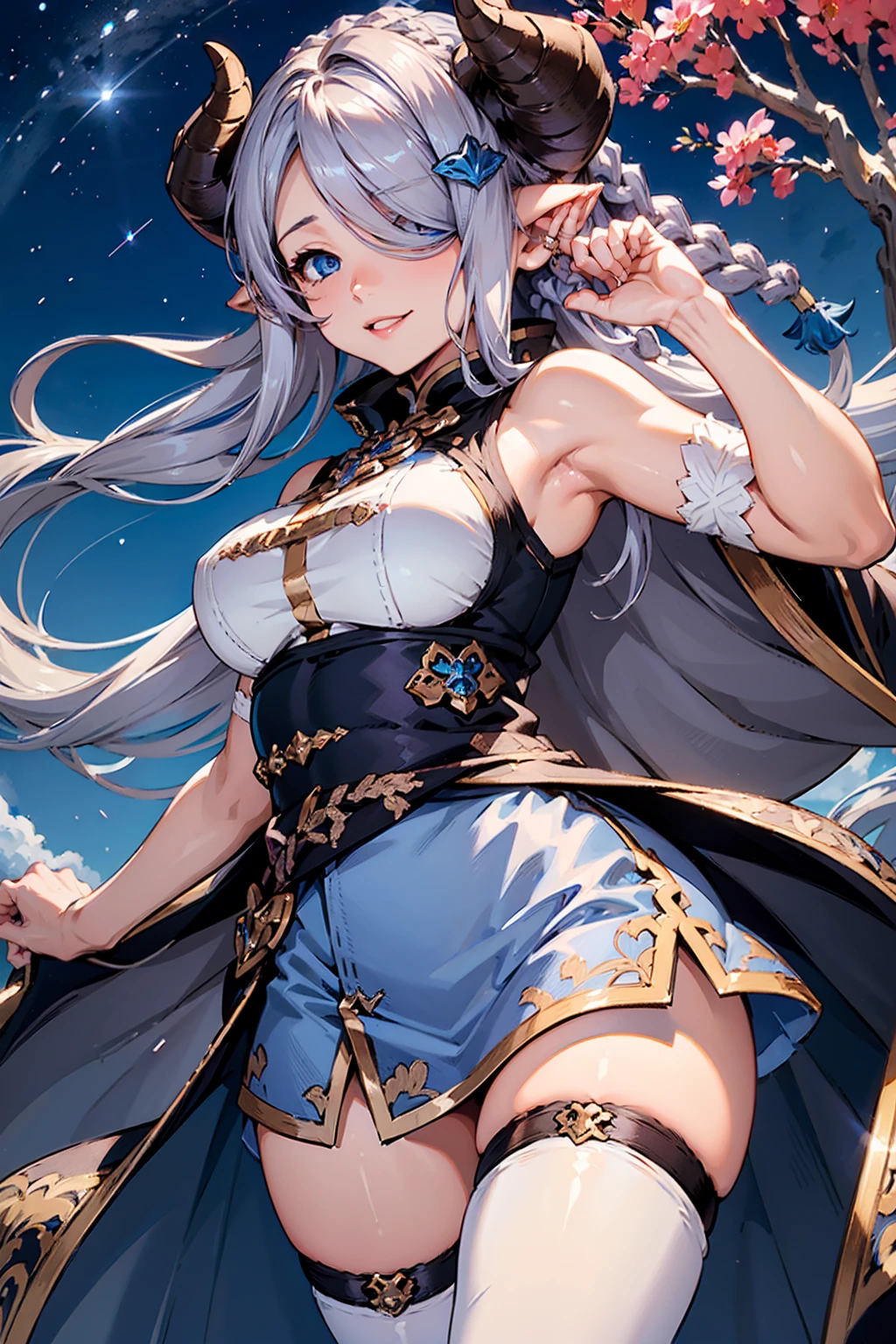 (((1 female))), ((Detailed blue eyes)), ((Silver long hair)), Large Breasts, perfectly drawn body, Narmaya, Charming smile, mini skirt, best quality, masterpiece, Extremely detailed