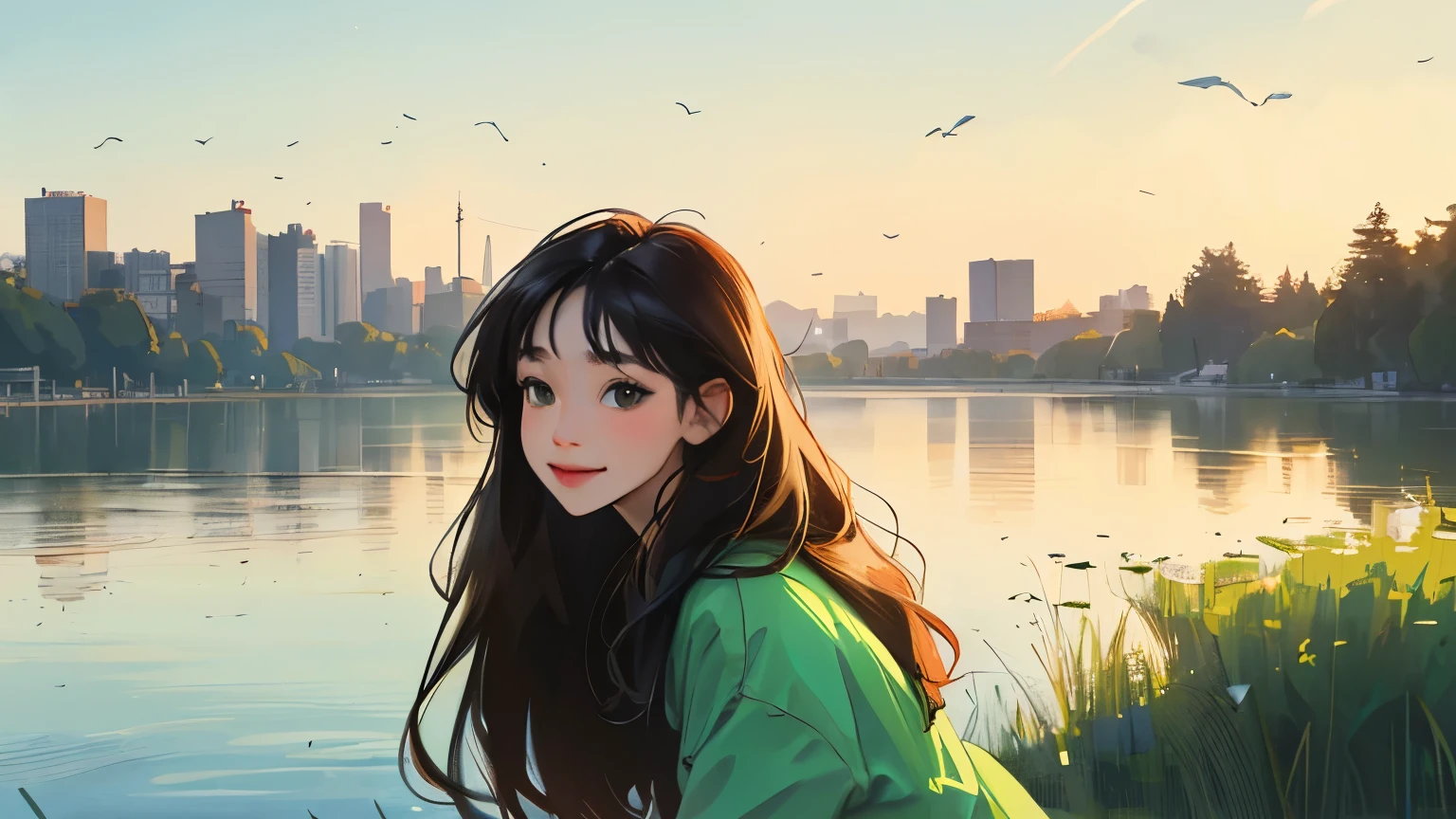 ((masterpiece)),(((bestquality))),((ultra-detailed)) realisticlying, 1 girl, Beautiful, black long hair, happy, solo, The sky morning, looking to viewer, soft green, city, lake.