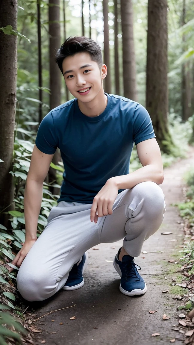 masterpiece, best quality, Surreal, Ultra Detailed, 8k resolution, RAW photos, Clear focus, (A girl in the forest), ((navy blue shirt:1.1)), Short sleeve, Long sweatpants,Full body posture, Solitary, Perfect body, Become a, 36 inches in the chest,(a charming smile:1), (sexy pose),26 years old, light,White shoes,