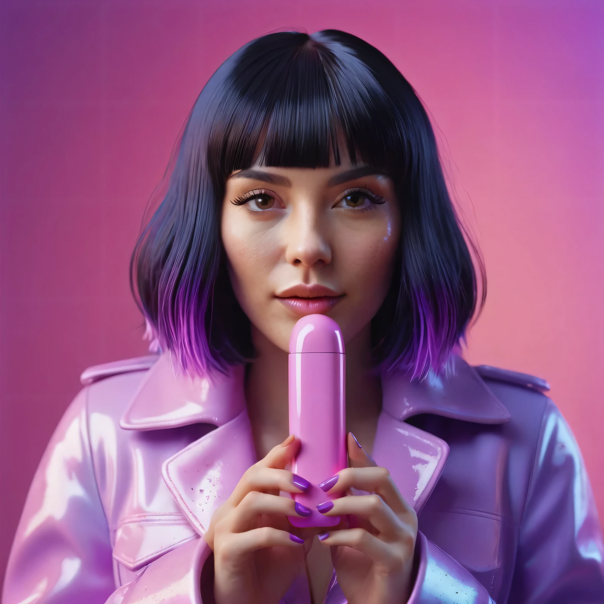smartphone in her hand, blackhair female hands holding dildo to her face, that is glowing with pink and purple colours, dripping wet, closeup macro photo, minimalistic, in a light purple and pink style, with soft edges and blurred details, in the toycore style, with a 3D render, on a colorful background, with a minimalist stage design, in a surreal style, with a cinema4D rendering, with a minimalist style, with low saturation, using gradient colors, with a cinema4D rendering, with a blender rendering, with super detail, at a super high resolution, at a super high definition