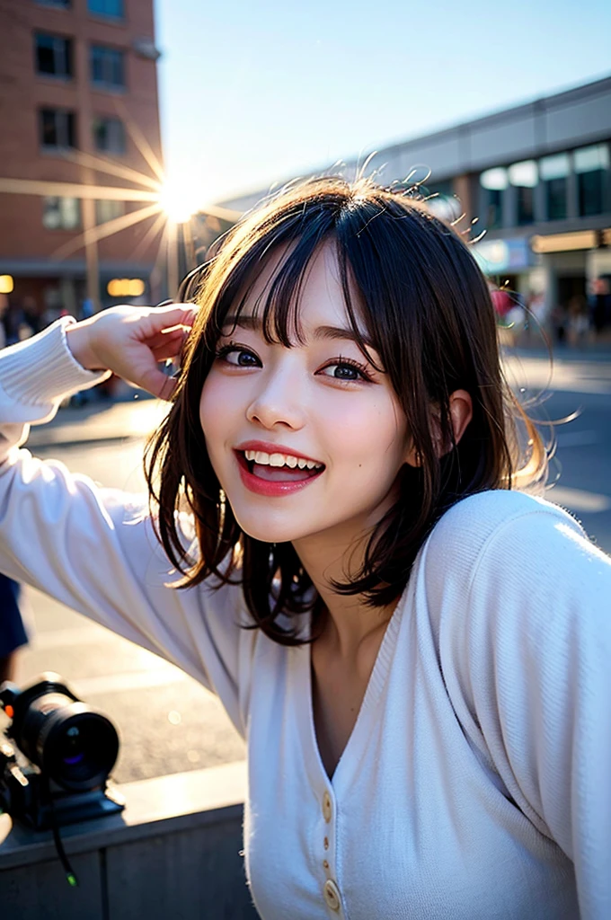 (8K, Raw photo:1.2), Detailed face and eyes, Best Quality, a beautiful girl, (huge Laughing:1.2), (open mouth:1.1), Soft cinematic light, Hyper-detailing, Sharp Focus, High quality, black hair, bob cuts, Blurred Background, Particles of light, Strong winds,