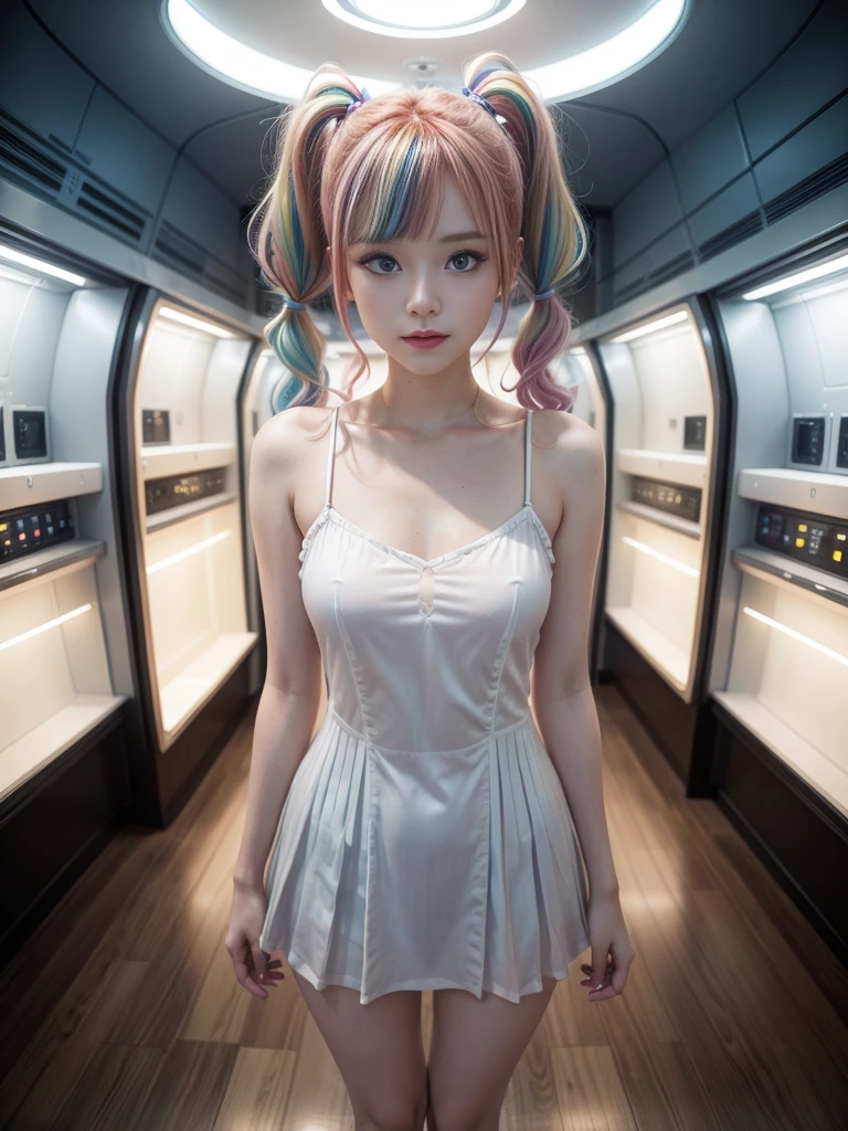 Cute redhead, gravure Idol, with rainbow colored hair tips, ribbons in her hair, 18-year-old woman, happy, in twin tails, perfect symmetrical eyes, clear sparkling blue eyes, pale skin, silky smooth skin, standing on a fancy luxurious space ship, large futuristic corridor, control panels, wood trim, decorative plants, warm lighting, wearing a futuristic dress, pleated (chemise) mini dress (pastel rainbow colors, and polka dots), wearing full body pantyhose, cute short cut booties.