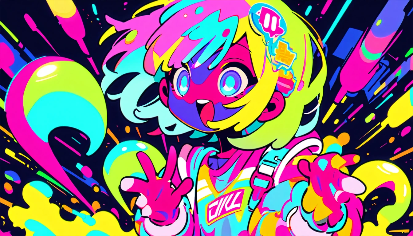 Spirited Art,pop、bright、pastel, 1 female, ライトblueの髪, short hair、Happy,cute, Animation Style, cute, clearly, Colorful cyberpunk、bubblegum pop, cute、ピンクとライトblueをメインカラーに、I'Cheer loudly、 Wearing headphones、tropical, summer、 Blue as the base color、blue、Cool atmosphere、Refreshing、summerっぽい
