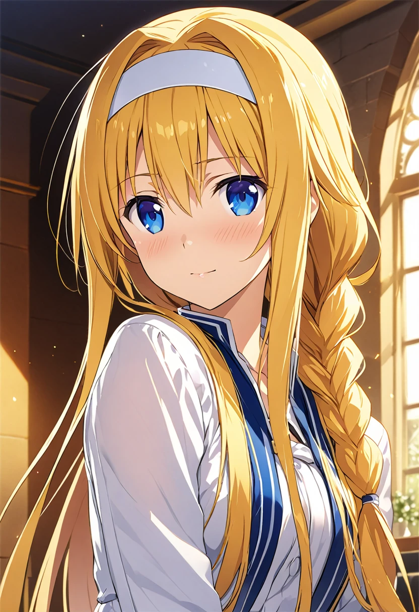 Highest quality、Very detailed、High resolution illustrations、Ultra-high-definition CG、８k size wallpaper、Production art、Light Novel Illustration、alice zuberg, bangs, blue eyes, blonde hair, hair between eyes, very long hair, braid, hairband, white hairband,