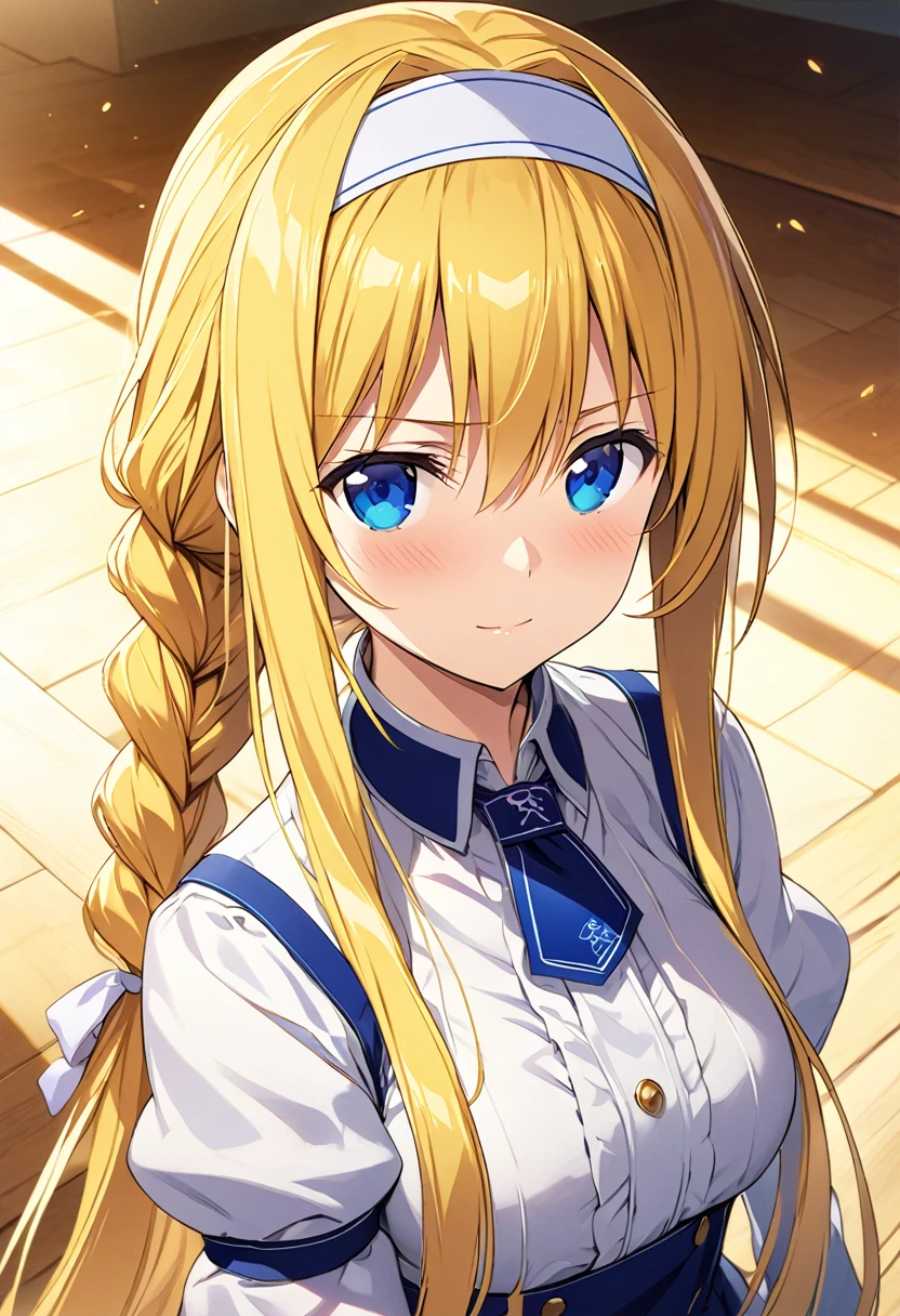 Highest quality、Very detailed、High resolution illustrations、Ultra-high-definition CG、８k size wallpaper、Production art、Light Novel Illustration、alice zuberg, bangs, blue eyes, blonde hair, hair between eyes, very long hair, braid, hairband, white hairband,