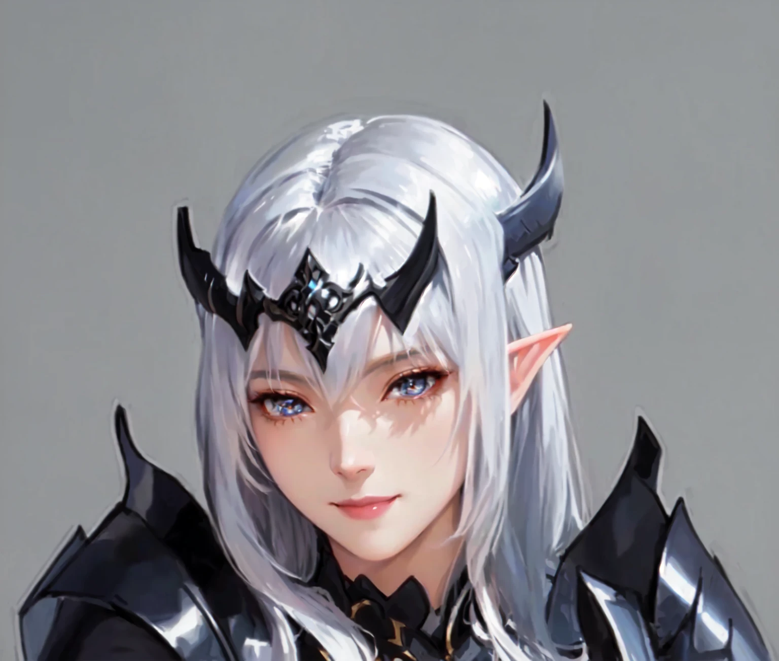 anime - style image of a Female Elf with white hair and horns, Dark Elves princess, alluring Elf Princess knight, portrait of an Fairy Queen, Fairy Queen, Dark Elves, Elf Princess knight, Smiling elf character, an Fairy Queen, Elf Girl, Female Elf, Elf Knight, Loers, Lineage 2 Style, Elf Princess