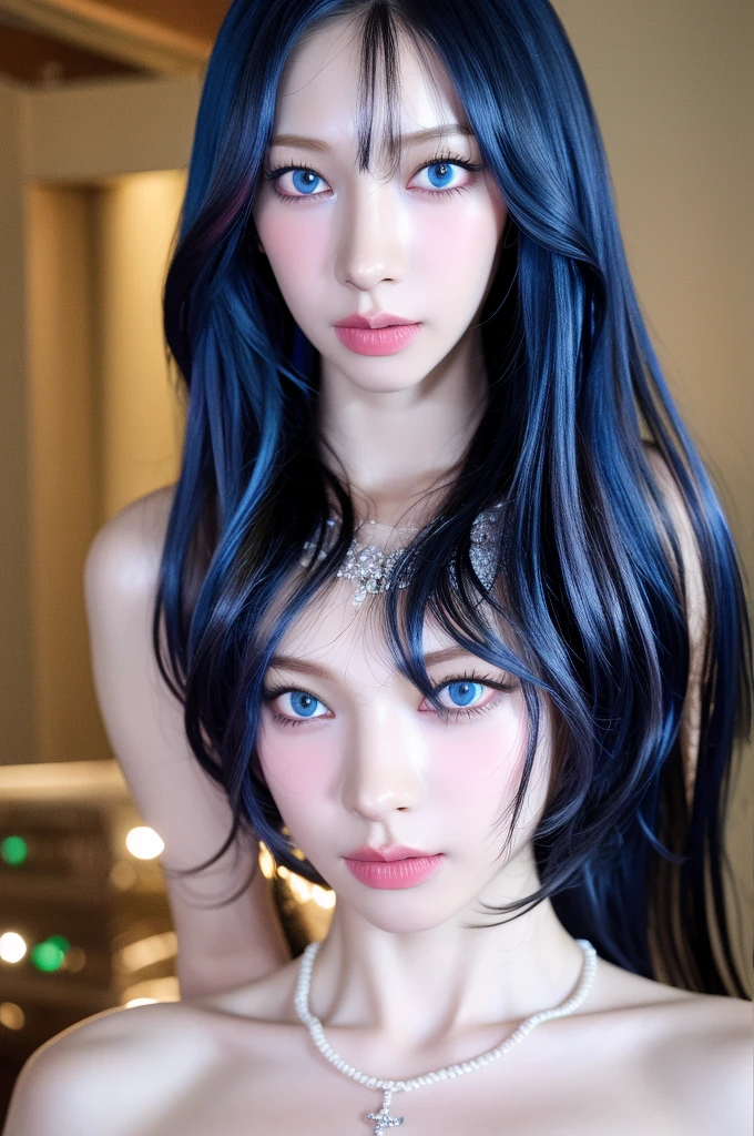 (best quality, highres:1.2), (realistic, photorealistic:1.37), 
(looking at viewer,1.8)
1girl, solo, black hair, blue eyes, blurry, bokeh, closed mouth, eyelashes, jewelry, lips, long hair, necklace,