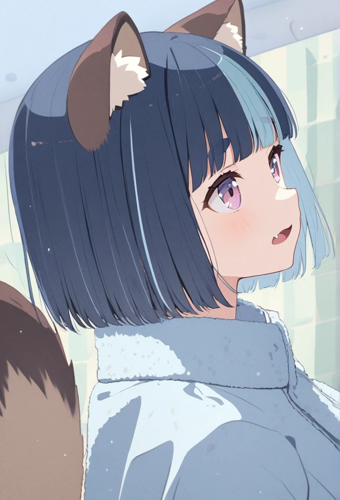 anime,(pale colors:1.8),long shot, 1girl, (on right:1.3), solo, cat mouth, taking shower, wearing towel, dynamic angle, looking up, from side, fang, blue hair, bobcut, straight hair, racoon ears, racoon tail, (brown streaked hair:1.3), (blunt bangs) ,thick eyebrows, big breast, striped background, shadow,