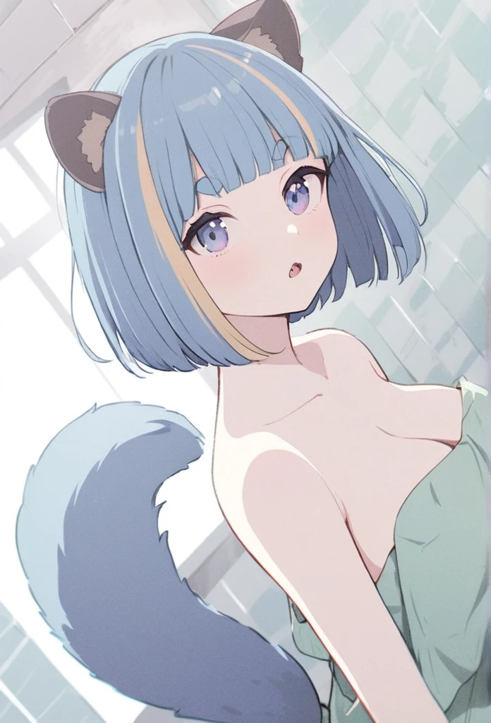 anime,(pale colors:1.8),long shot, 1girl, (on right:1.3), solo, cat mouth, taking shower, wearing towel, dynamic angle, looking up, from side, fang, blue hair, bobcut, straight hair, racoon ears, racoon tail, (brown streaked hair:1.3), (blunt bangs) ,thick eyebrows, big breast, striped background, shadow, 