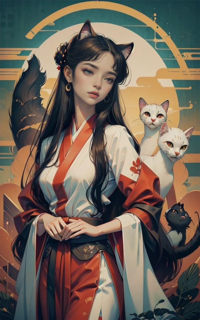 ((Masterpiece)),(Best Quality), (Cinematic),(Extremely detailed CG Unity 8k wallpaper),1girl, fit,Delicious company,revealing clothes, intricate outfit,fit, small breasts,very long black hair,big cat eyes,one Stunning hanfu shapeshifter cat girl(bakenekon, nekomata)with a beautifully designed fine and perfectly fitting hanfu clothing with georgeous patterns and also transparent flowing fabric. she is dancing in front of plain graphic japanese background. her hands are very graceful presenting a fan. cat ear, vampy fang,cateyes, white devon rex cat, eine Ganzkörperaufnahme, die Tradition und Moderne verbindet 