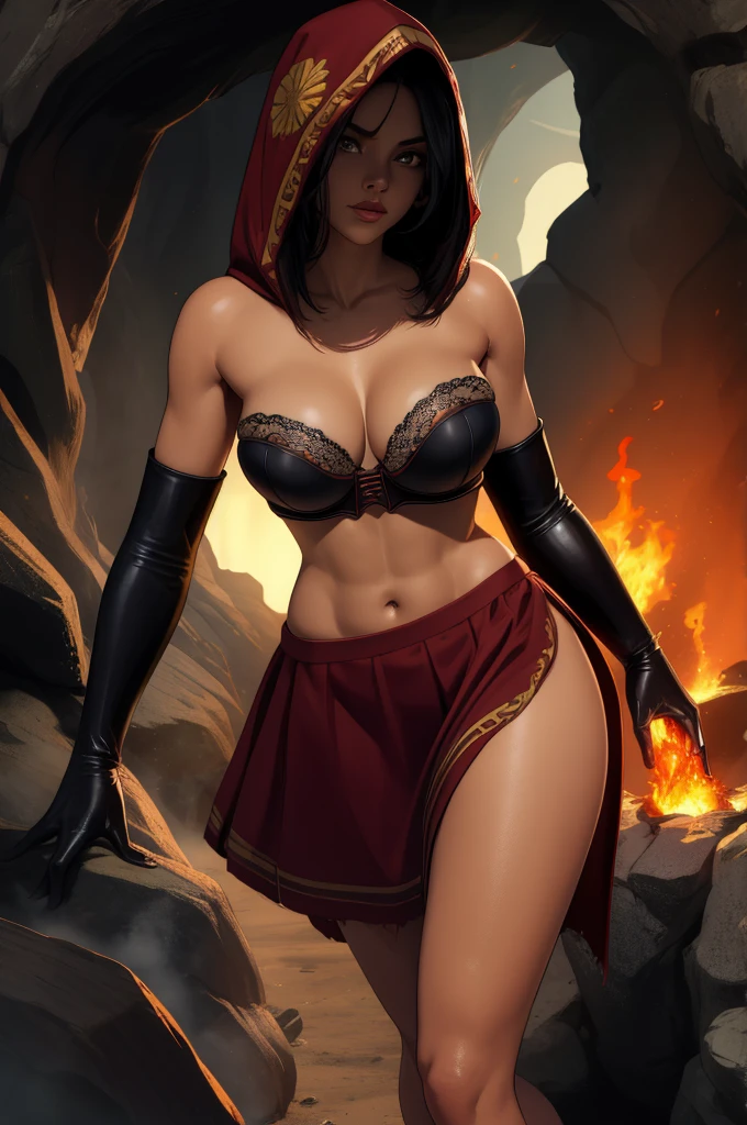 Dsorceress, shadowy face,dark cave, fire, hood, shadowed face, strapless bra, slim and athletic body, miniskirt, no panty, elbow gloves, dark skin, 1 girl (insanely detailed, masterpiece, best quality)