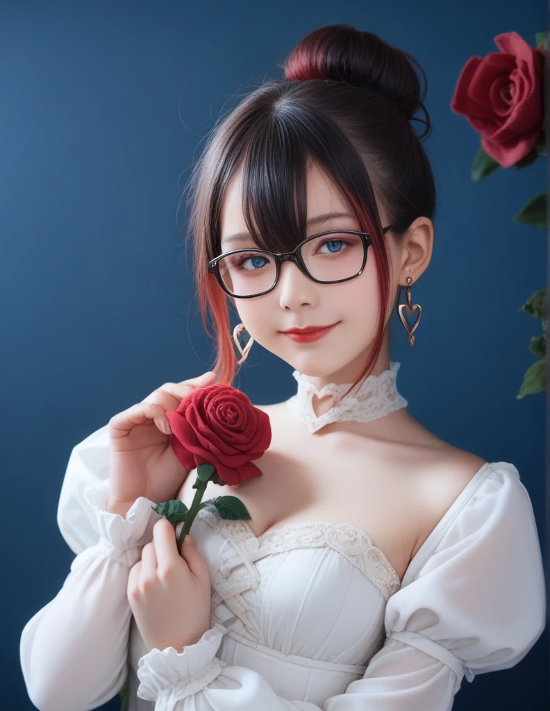 score_9, score_8_up, score_7_up, score_6_up,score_anime, realistic,real,photorealistic,cowboy shot, , 1girl, bare shoulders, black hair, blue background, blue eyes, breasts, choker, closed mouth, earrings, eyelashes, eyeshadow, fingernails, flower, floating hair, glasses, gradient hair, hair between eyes, hair bun, hair flower, hair ornament, half-closed eyes, hand up, heart, heart earrings, jewelry, juliet sleeves, long fingernails, light smile, long hair, long sleeves, looking at viewer, makeup, medium breasts, multicolored hair, night, puffy sleeves, red flower, red hair, red lips, red rose, rose, sidelocks, single hair bun, smile, solo, standing