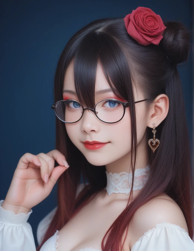 score_9, score_8_up, score_7_up, score_6_up,score_anime, realistic,real,photorealistic,cowboy shot, , 1girl, bare shoulders, black hair, blue background, blue eyes, breasts, choker, closed mouth, earrings, eyelashes, eyeshadow, fingernails, flower, floating hair, glasses, gradient hair, hair between eyes, hair bun, hair flower, hair ornament, half-closed eyes, hand up, heart, heart earrings, jewelry, juliet sleeves, long fingernails, light smile, long hair, long sleeves, looking at viewer, makeup, medium breasts, multicolored hair, night, puffy sleeves, red flower, red hair, red lips, red rose, rose, sidelocks, single hair bun, smile, solo, standing