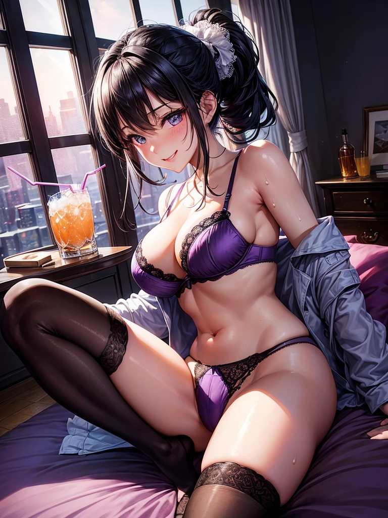 Highest quality,Highest Resolution,Beautiful smiling girl in light purple underwear in bedroom at night,Black hair ponytail,Very beautiful eyes,(((Drink a drink))),Knee-high stockings,Sweat profusely,Super High Leg,Sexy Lingerie,Tback,Outside the window is a night view,