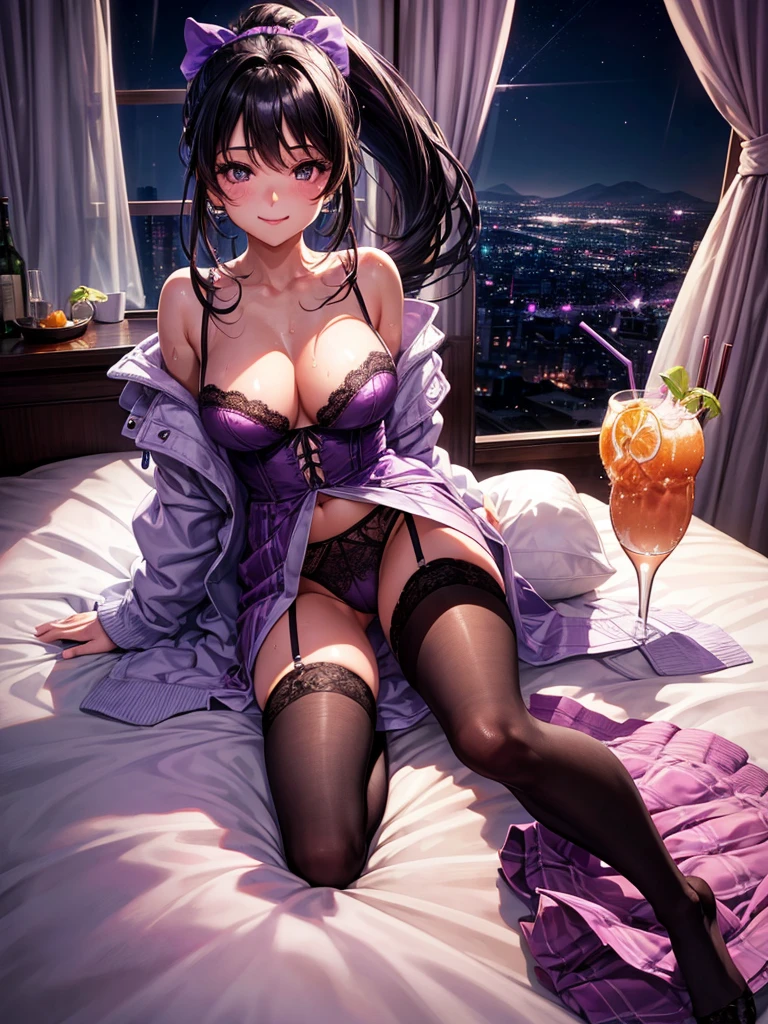 Highest quality,Highest Resolution,Beautiful smiling girl in light purple underwear in bedroom at night,Black hair ponytail,Very beautiful eyes,(((Drink a drink))),Knee-high stockings,Sweat profusely,Super High Leg,Sexy Lingerie,Ｔback,Outside the window is a night view,