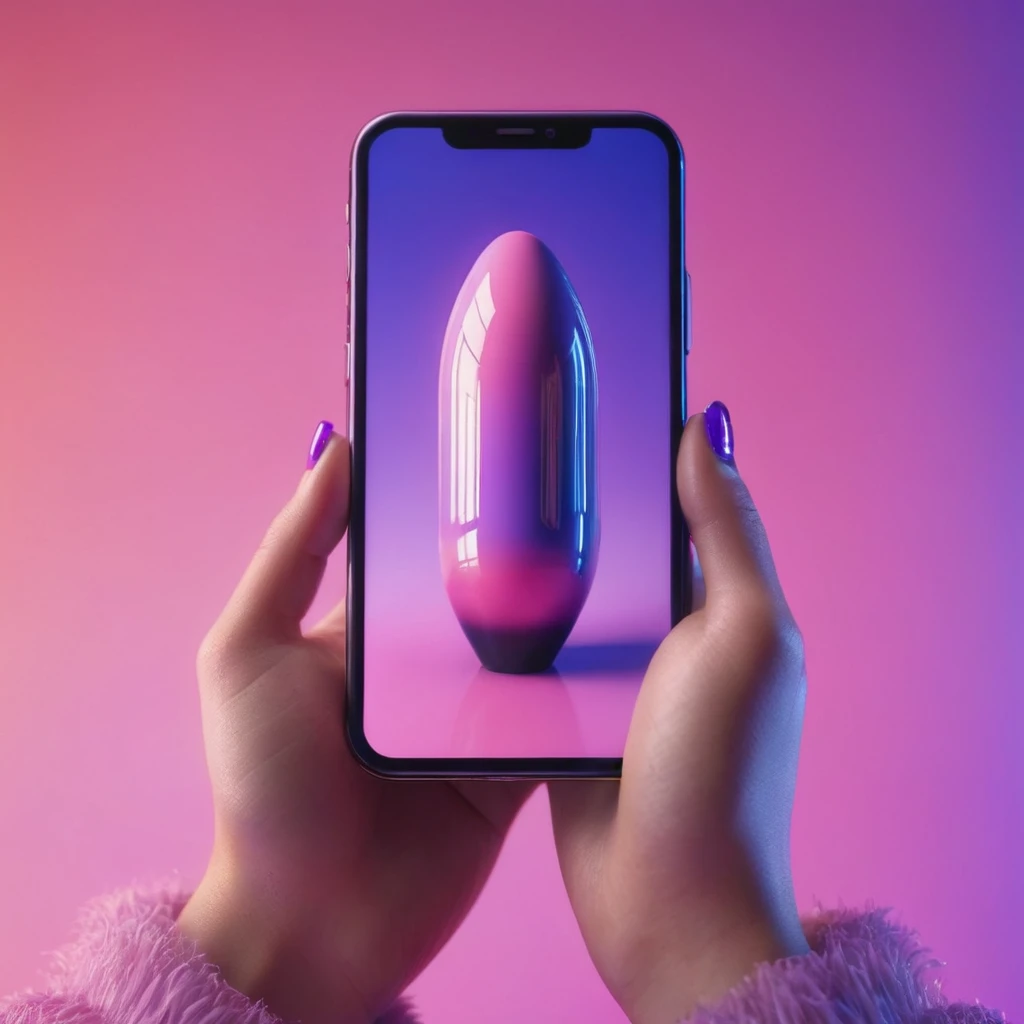 smartphone in her hand, blackhair female hands holding dildo to her face, that is glowing with pink and purple colours, dripping wet, closeup macro photo, minimalistic, in a light purple and pink style, with soft edges and blurred details, in the toycore style, with a 3D render, on a colorful background, with a minimalist stage design, in a surreal style, with a cinema4D rendering, with a minimalist style, with low saturation, using gradient colors, with a cinema4D rendering, with a blender rendering, with super detail, at a super high resolution, at a super high definition
