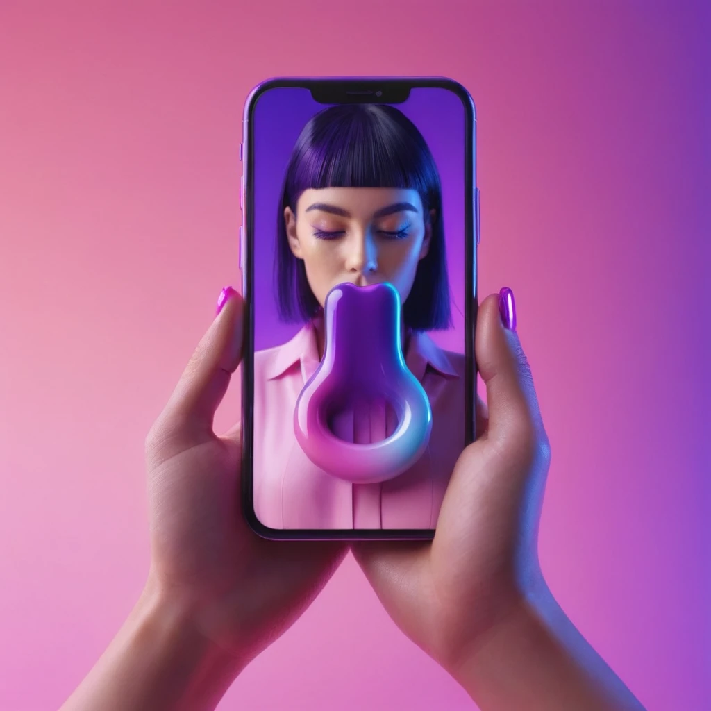 smartphone in her hand, blackhair female hands holding dildo to her face, that is glowing with pink and purple colours, dripping wet, closeup macro photo, minimalistic, in a light purple and pink style, with soft edges and blurred details, in the toycore style, with a 3D render, on a colorful background, with a minimalist stage design, in a surreal style, with a cinema4D rendering, with a minimalist style, with low saturation, using gradient colors, with a cinema4D rendering, with a blender rendering, with super detail, at a super high resolution, at a super high definition