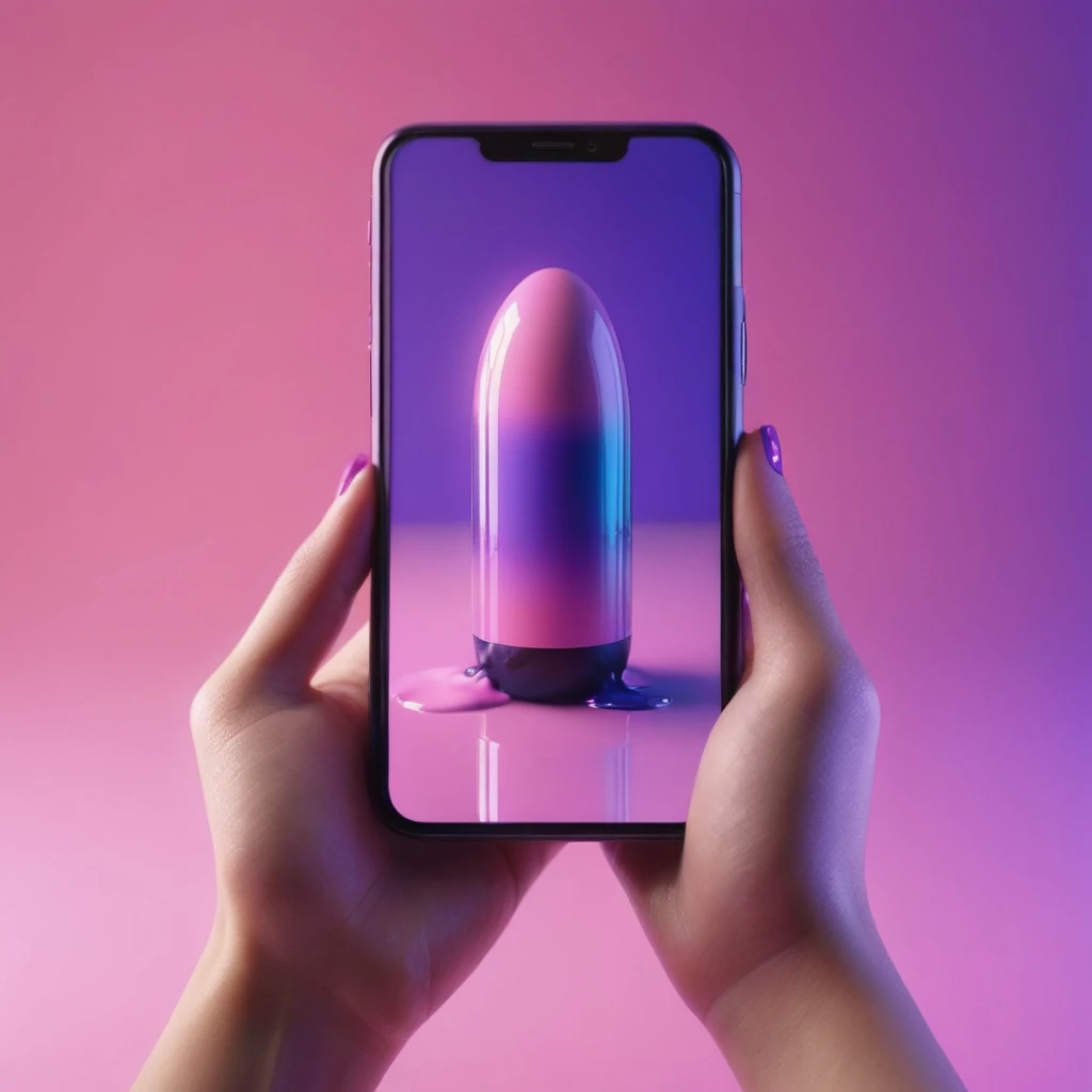 smartphone in her hand, blackhair female hands holding dildo to her face, that is glowing with pink and purple colours, dripping wet, closeup macro photo, minimalistic, in a light purple and pink style, with soft edges and blurred details, in the toycore style, with a 3D render, on a colorful background, with a minimalist stage design, in a surreal style, with a cinema4D rendering, with a minimalist style, with low saturation, using gradient colors, with a cinema4D rendering, with a blender rendering, with super detail, at a super high resolution, at a super high definition