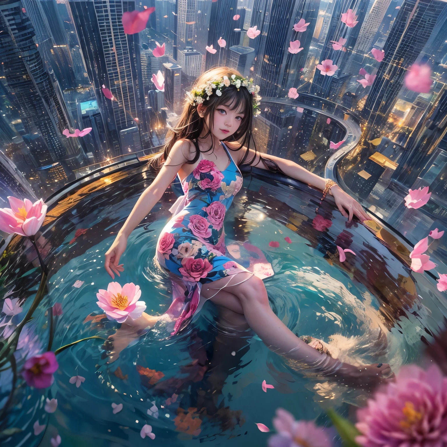 Crimson,ExtremelyDetailed(ProfessionalPhoto of Girl Floating in the Sky:1.37), 280th floor infinity pool,The tallest building in the urban forest, {Around bonsai|Luo Han Song|coconut palms|tulips|Rose flower}, (Masterpiece 8K TopQuality:1.2), (ExtremelyDetailed KAWAII face Eyes:1.28)ElaboratePupils with (SparklingHighlights:1.28) DoubleEyelids with Voluminous LongEyelashes RosyCheeks (Joyful Expressions LifeLike Rendering) BREAK Detailed impeccable Radiant PearlSkin with Transparency, Skinny(SchoolSwimwear:1.28) beautiful graceful {(HiddenHand)|((Corrected BabyLikeHand))} (Whole Body Proportions and all limbs are Anatomically Accurate), (FlowerWreath WrappedBody Flowers Covering girl's body Full of Flowers){Dazzling RainbowColorHorizon|ColorfulSky|ColorfulClouds|Starly Stars}(extra limbs:-1.4)