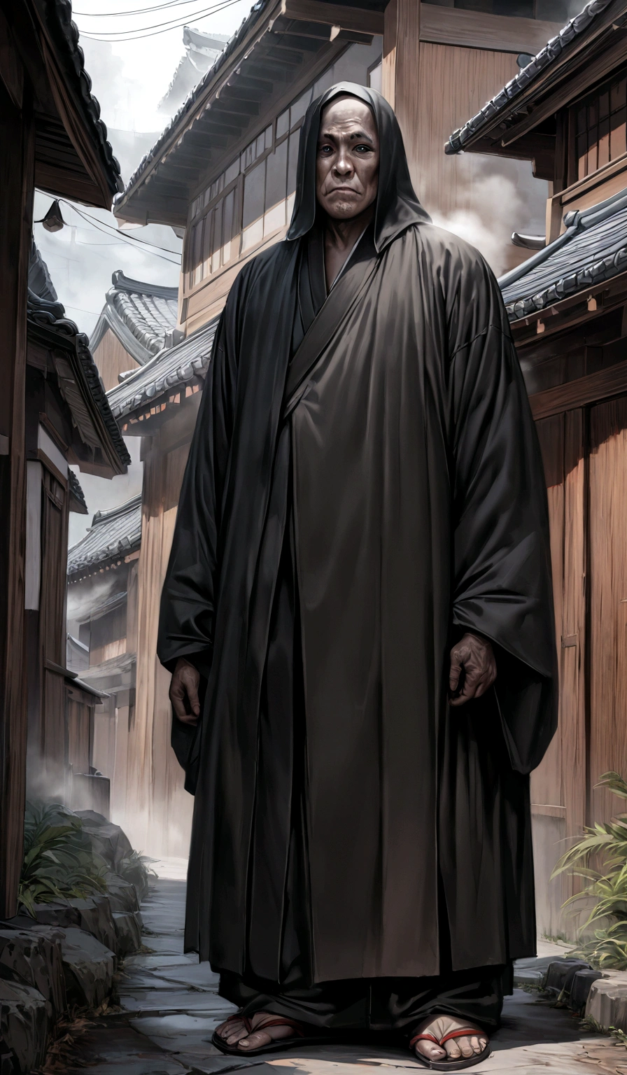 A mysterious 100m tall giant monk appears in the misty old Japanese town. ,One big eye in the center of the face,Only black monk costume, Scary atmosphere, Smokey, Hyperrealism, high quality, masterpiece,