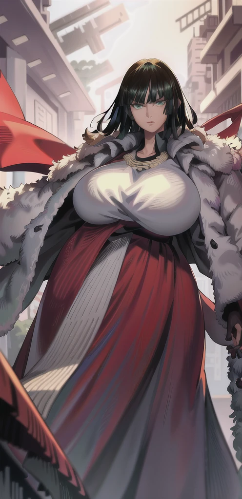 (fubuki:1.2), solo, elegant, (dress+fur coat:1.1),green eyes, looking at viewer, upper body, arms behind head.