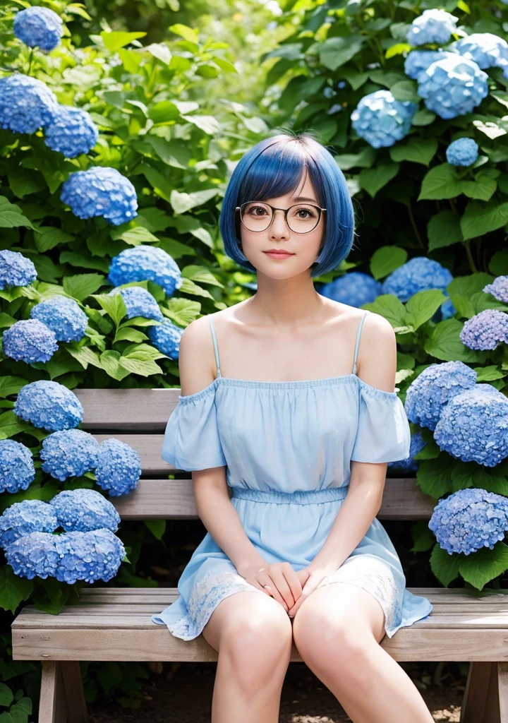 A cute girl sitting alone on a garden bench, with sky blue bob-cut hair, wearing glasses, and looking up with an upward glance. She is in a sun-dappled setting with a stone-paved path and blue hydrangeas in view.