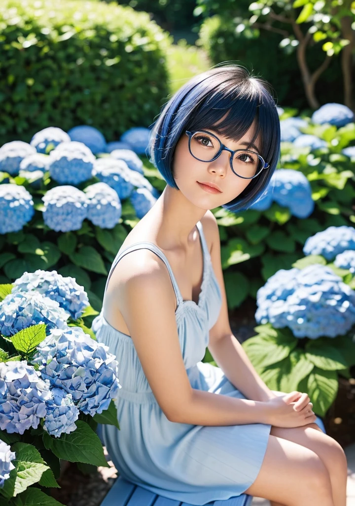 A cute girl sitting alone on a garden bench, with sky blue bob-cut hair, wearing glasses, and looking up with an upward glance. She is in a sun-dappled setting with a stone-paved path and blue hydrangeas in view.