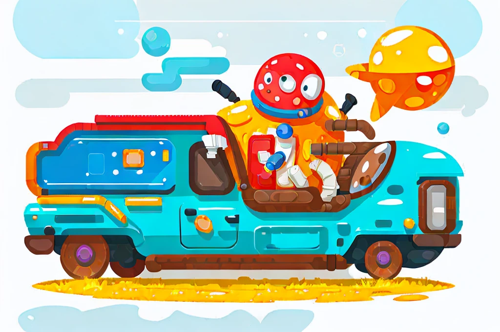 Coloring page with a man in a space suit driving a space car, Heavy Line Drawing,线条分割成Different colored tiles，Different colored tiles，Color blocks，Bright colors，Vibrant colors，Color contrast，Pictures with high color purity，Tianhe-2 Car，Tianhe-2 Car标志，Mechanical car frame，There is a mechanical gripper in front of the car，Space suit，astronaut，Oxygen backpack，Oxygen tubes，Space suit pressure tube，finger，Cockpit，nuclear powerBattery模块，Battery，nuclear power，