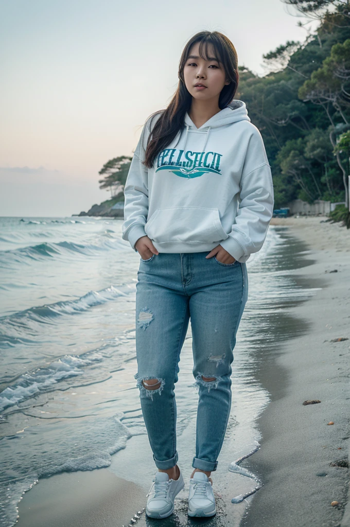 a beautiful Korean woman with a chubby body wearing a long jeans hoodie, white shoes is standing, a beach scene with bluish green water and enchanting islands. realistic. high angel shot.