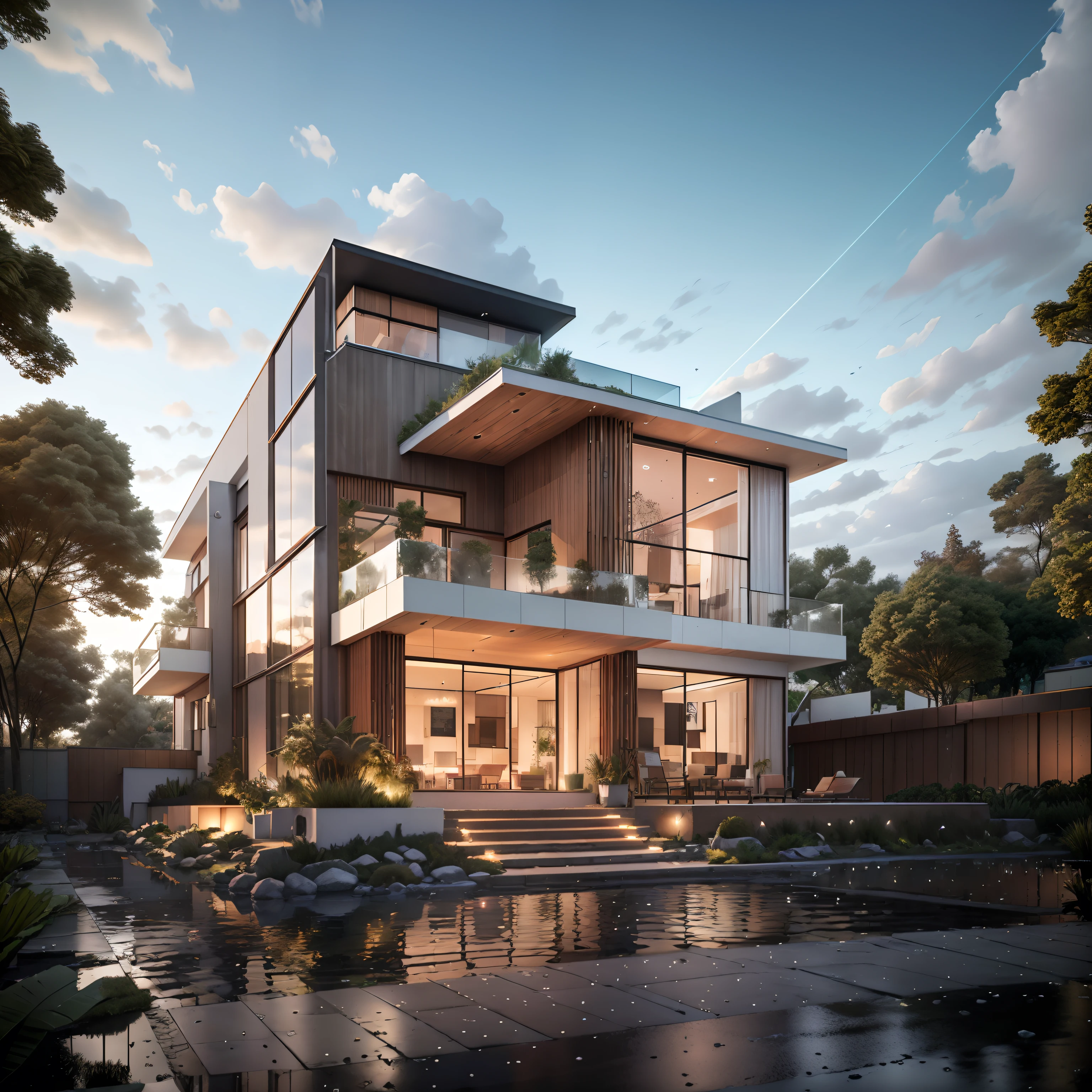 Bauhaus style house, glass house with a sloping roof, modern, dynamic (RAW photo, real, best quality, masterpiece:1.2), (hyper realistic, photo-realistic:1.2), high quality, (dark lighting:1.2), perfect lighting, archdaily