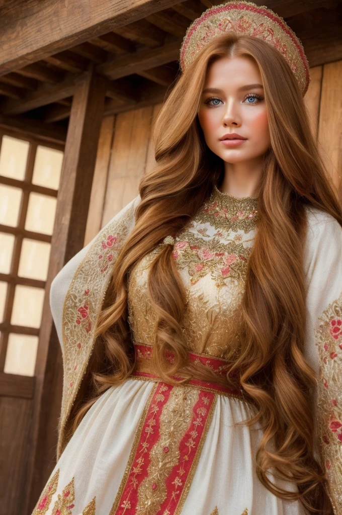 A gorgeous, pretty, shiny, kind-hearted, warm-hearted, sweet, polite, sensitive, friendly, charming, graceful, stylish, classy, alluring, majestic, ethereal, angelical ginger long haired russian woman dressed in traditional colourful folk costumes. A is with her.
