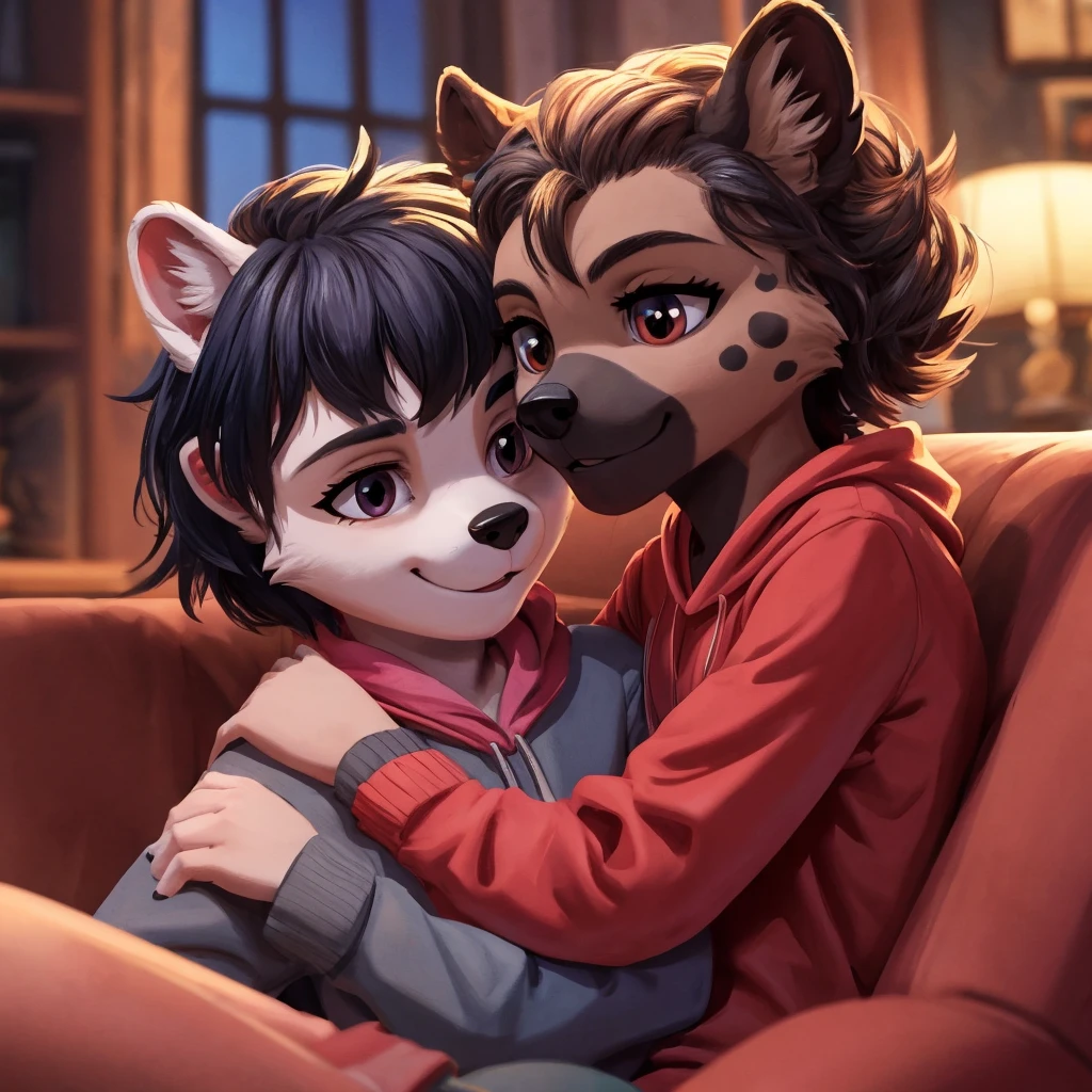 couple (()female) hyena, 4k, high resolution, best quality, posted on e621, anthro body, female, adult, correct anatomy, (blurry background, out-of-focus background:1.2), young, (cel shaded, cartoony shading:1.2), black lineart, black outline, flat coloring, (strong shadows, dark shadows:1.2), Couple snuggling, Warm and welcoming atmosphere, Young people on the couch, Looks of complicity, Red sweatshirt, gray sweater, Soft lighting, Relaxed and comfortable, Closeness and tenderness.