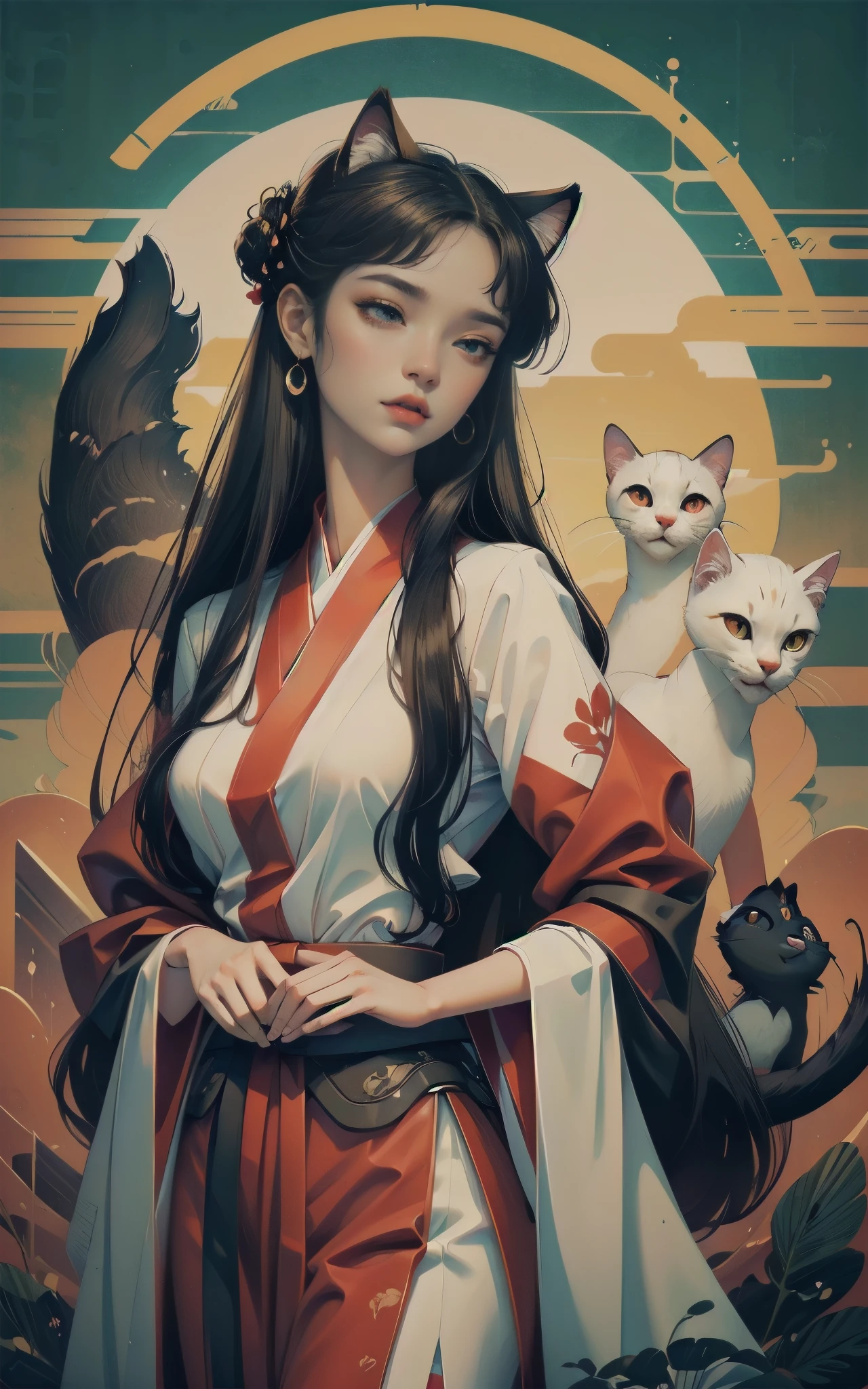 ((Masterpiece)),(Best Quality), (Cinematic),(Extremely detailed CG Unity 8k wallpaper),1girl, fit,Delicious company,revealing clothes, intricate outfit,fit, small breasts,very long black hair,big cat eyes,one Stunning hanfu shapeshifter cat girl(bakenekon, nekomata)with a beautifully designed fine and perfectly fitting hanfu clothing with georgeous patterns and also transparent flowing fabric. she is dancing in front of plain graphic japanese background. her hands are very graceful presenting a fan. cat ear, vampy fang,cateyes, white devon rex cat, eine Ganzkörperaufnahme, die Tradition und Moderne verbindet 