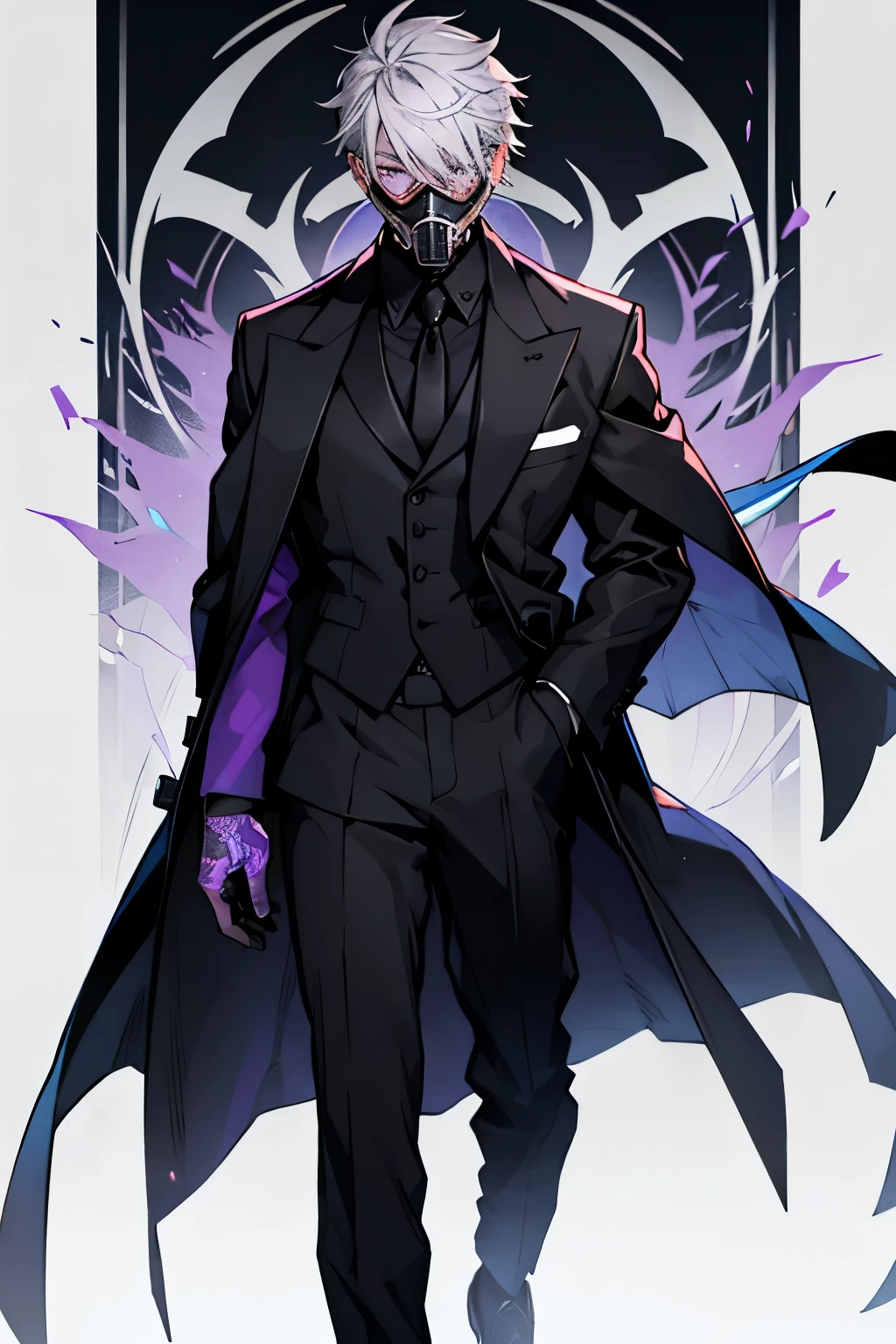 a boy, 1.80, silver hair, gas mask, lilac eyes, wearing a black overcoat with white formal clothes underneath, black tatoo on the neck