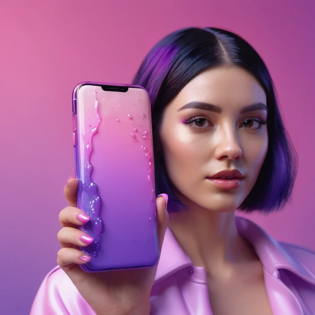 smartphone in her hand, blackhair female hands holding dildo to her face, that is glowing with pink and purple colours, dripping wet, closeup macro photo, minimalistic, in a light purple and pink style, with soft edges and blurred details, in the toycore style, with a 3D render, on a colorful background, with a minimalist stage design, in a surreal style, with a cinema4D rendering, with a minimalist style, with low saturation, using gradient colors, with a cinema4D rendering, with a blender rendering, with super detail, at a super high resolution, at a super high definition