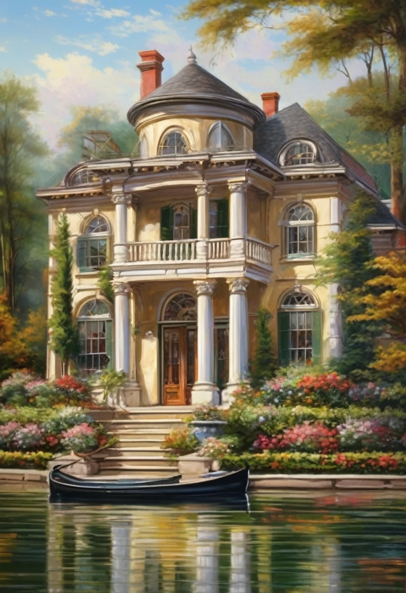 a detailed romantic era style lakeside mansion painting
