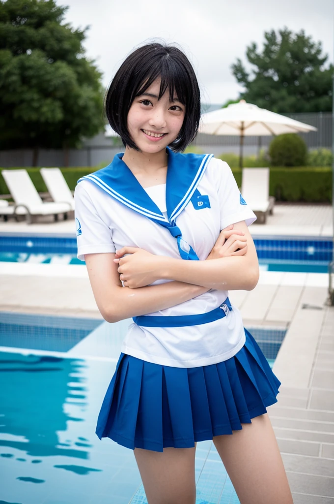 apanese、****** High ****** girls、1 person, ************、Sailor Mercury、A cosplay that is heavy wet and slightly transparent、Wet light blue short hair、 Wet arms、Wet legs、Wet Face、smile、pose、Highest quality, wet poolside, big tits