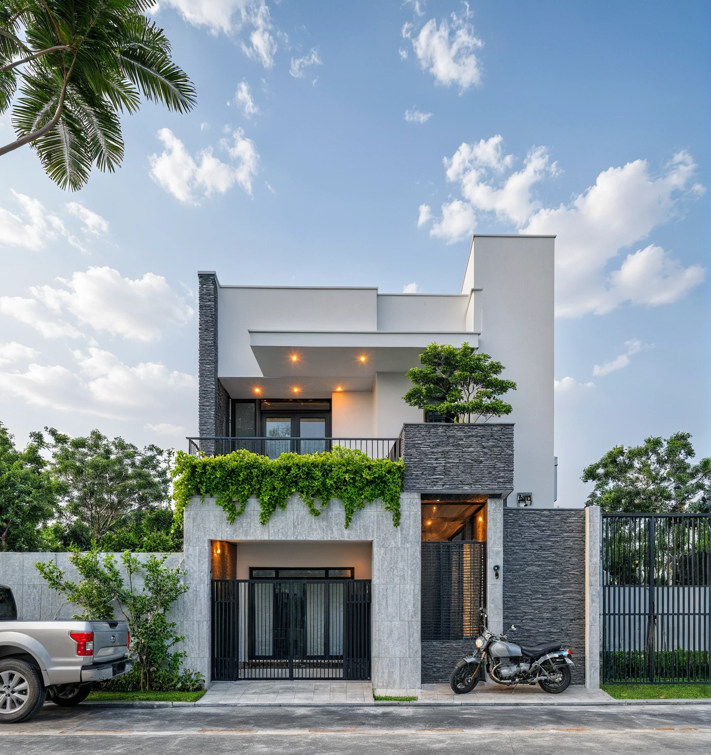 Raw photo, great product, high quality, best quality, authentic, super detailed, outdoor, 2-storey house, modern townhouse style, (white wall), Gray stone fence, painted curved wall white, Curved wall facade, aluminum glass door interior, white painted curved planter, gray tiled wall, gray iron box outer gate, road, sidewalk, grass, trees, sky, clouds, (daylight):1.1)