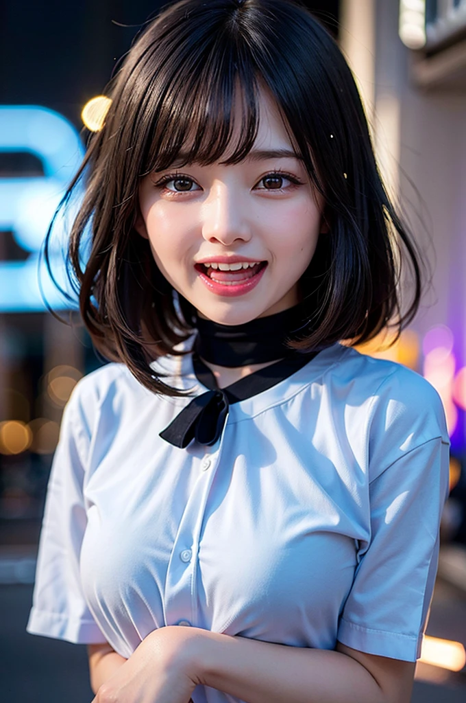 (8K, Raw photo:1.2), Detailed face and eyes, Best Quality, a beautiful girl, (huge Laughing:1.2), (open mouth:1.1), Soft cinematic light, Hyper-detailing, Sharp Focus, High quality, black hair, bob cuts, Blurred Background, Particles of light, Strong winds,
