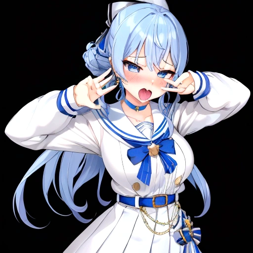 SuiseiSchool, long hair, half updo, white serafuku, blue choker, blue bowtie, blue belt, white skirt, grey cardigan,huge oppai,(((haigure pose
))),ahegao,nose hook:1.2)),