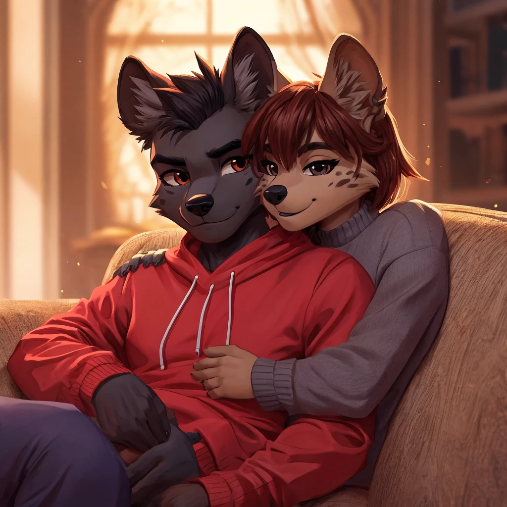 couple ((female)) hyena, 4k, high resolution, best quality, posted on e621, anthro body, female, adult, correct anatomy, (blurry background, out-of-focus background:1.2), (cel shaded, cartoony shading:1.2), black lineart, black outline, flat coloring, (strong shadows, dark shadows:1.2), Couple snuggling, Warm and welcoming atmosphere, Young people on the couch, Looks of complicity, Red sweatshirt, gray sweater, Soft lighting, Relaxed and comfortable, Closeness and tenderness.