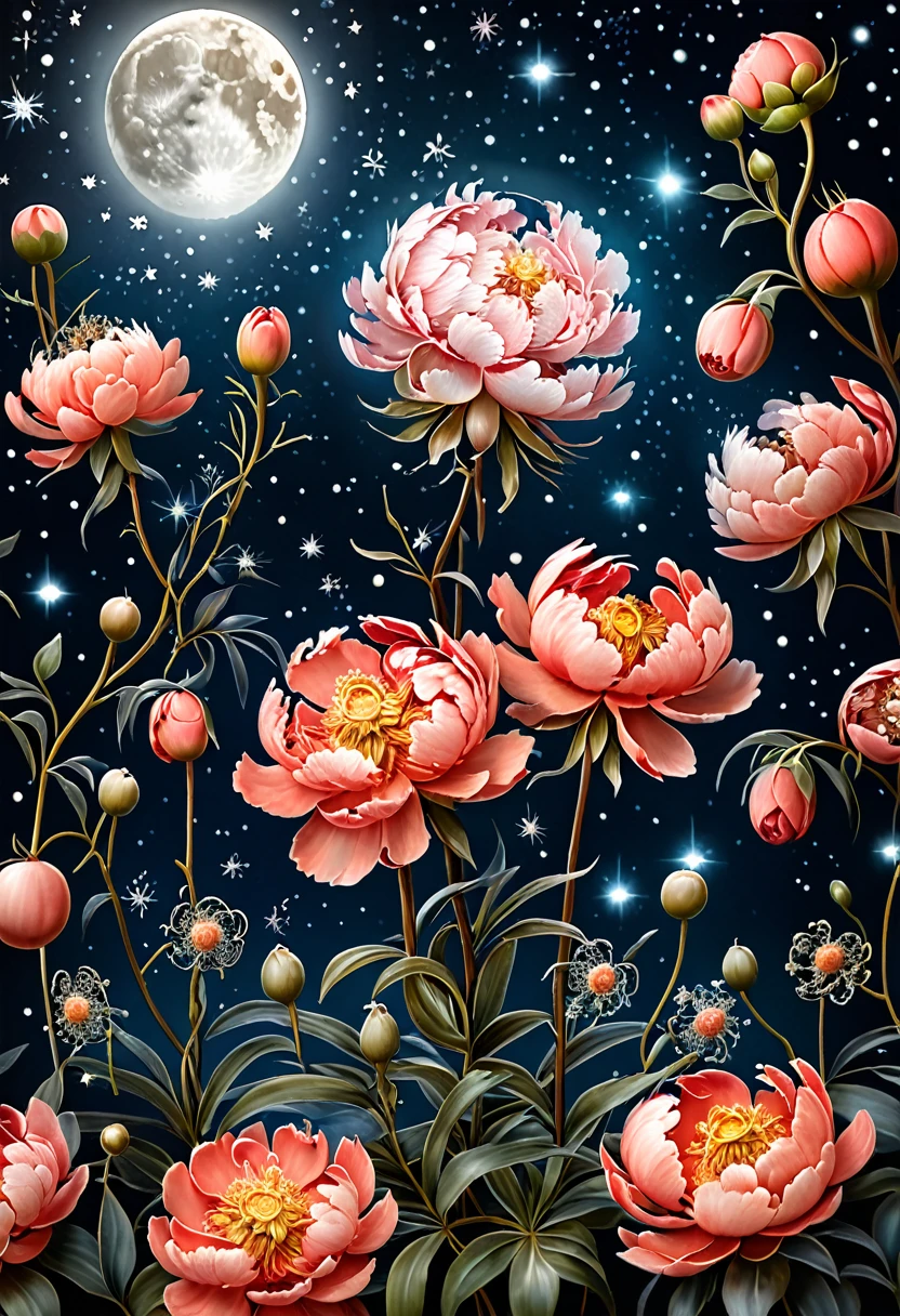 Macro cinematography, garlands of light bulbs, coral peonies, sea, moon, starry sky ,fantastic, luscious, elegant, filigree, professional photo of the highest quality, 94k, 5d, high resolution, clear background, high detail, hyper realistic, with clear rendering, ISO 100, 2040 resolution, f/13