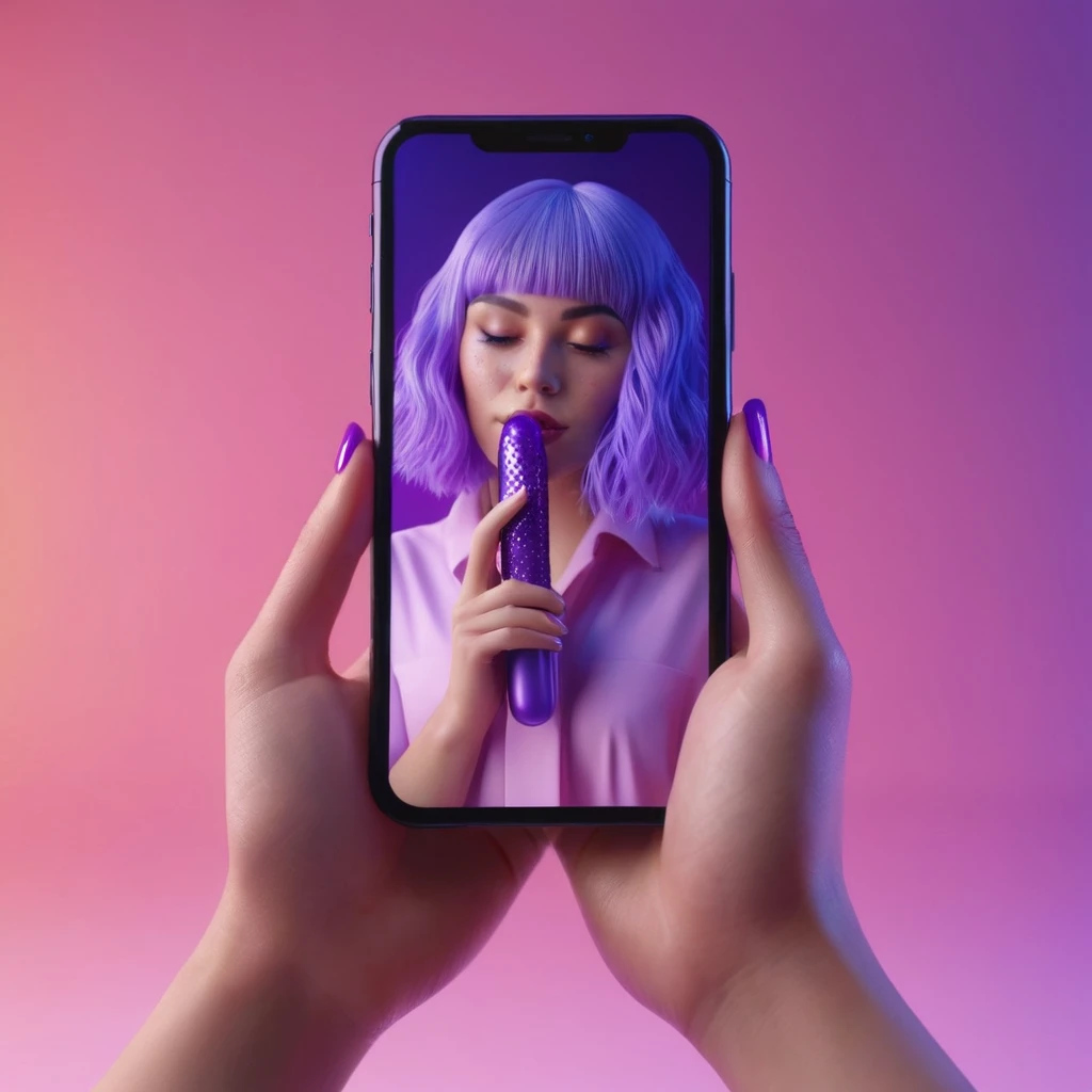 smartphone in her hand, blackhair female hands holding dildo to her face, that is glowing with pink and purple colours, dripping wet, closeup macro photo, minimalistic, in a light purple and pink style, with soft edges and blurred details, in the toycore style, with a 3D render, on a colorful background, with a minimalist stage design, in a surreal style, with a cinema4D rendering, with a minimalist style, with low saturation, using gradient colors, with a cinema4D rendering, with a blender rendering, with super detail, at a super high resolution, at a super high definition
