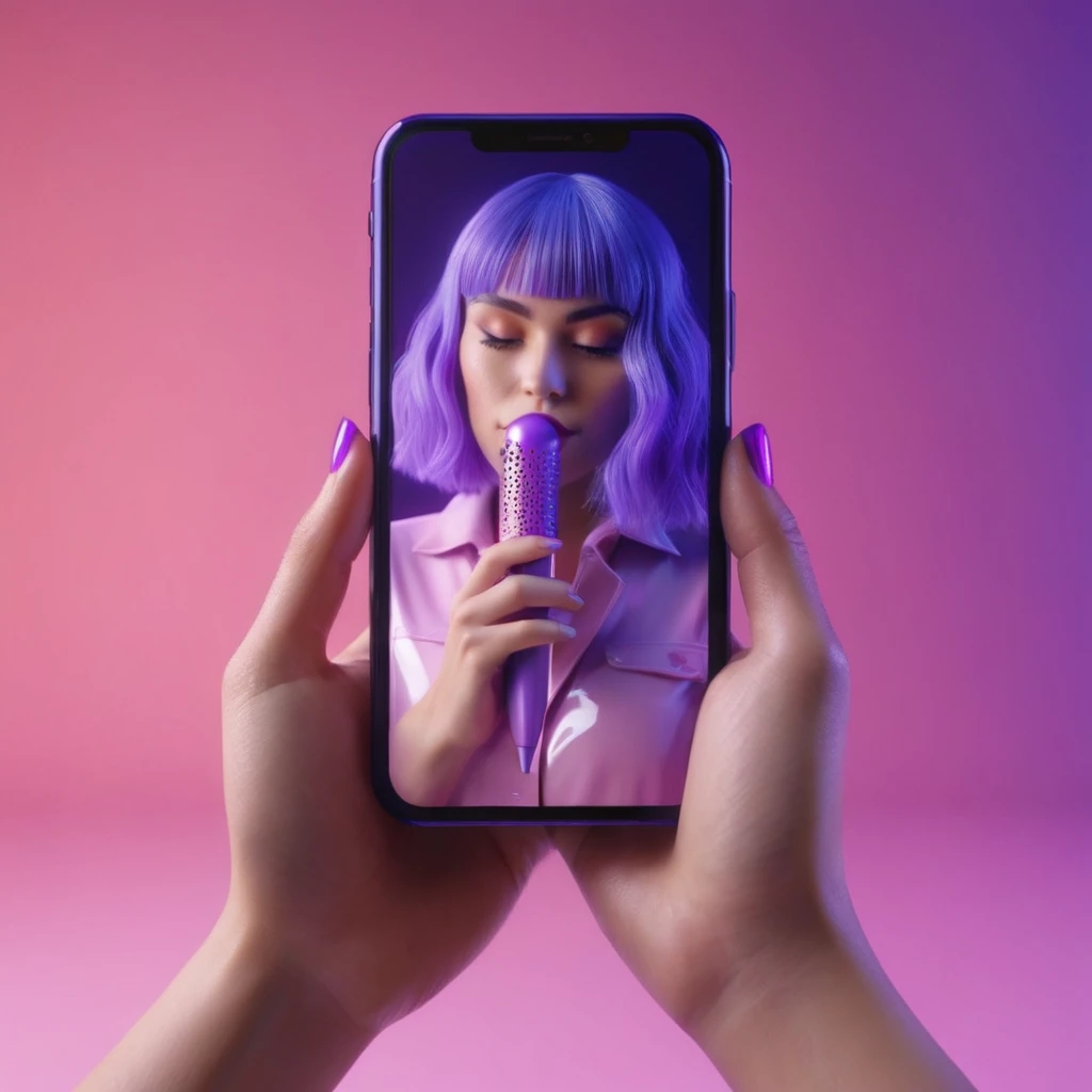 smartphone in her hand, blackhair female hands holding dildo to her face, that is glowing with pink and purple colours, dripping wet, closeup macro photo, minimalistic, in a light purple and pink style, with soft edges and blurred details, in the toycore style, with a 3D render, on a colorful background, with a minimalist stage design, in a surreal style, with a cinema4D rendering, with a minimalist style, with low saturation, using gradient colors, with a cinema4D rendering, with a blender rendering, with super detail, at a super high resolution, at a super high definition
