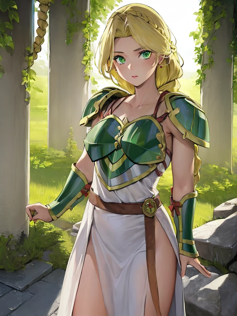(masterpiece, best quality:1.2), <lyco:valkyrienodensetsu_valkyrie-11:0.9>, cowboy shot, solo, 1girl, vndvalkyrie, slight smile, closed mouth, looking at viewer, hand on own face, single braid, winged helmet, armored dress