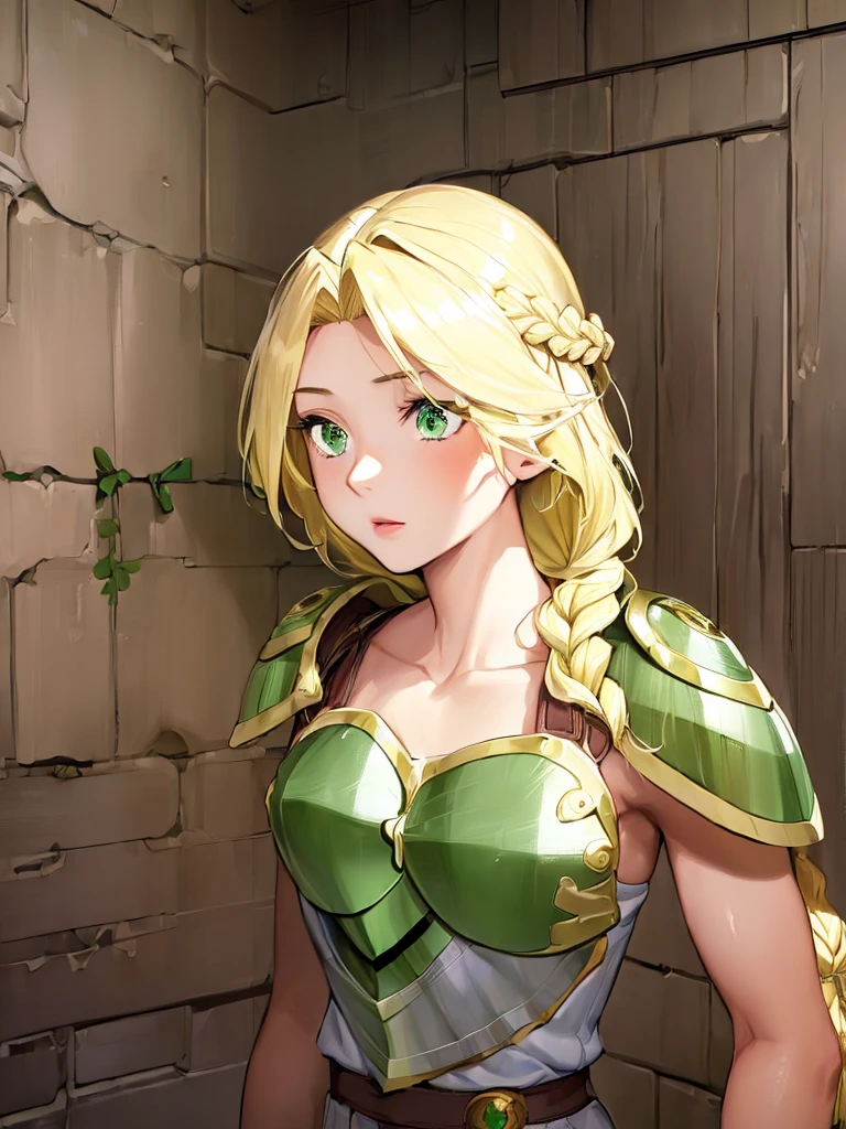 masterpiece,best quality, 1girl, 18yo, beautiful girl,BREAK,(Armor:1.8),(Beautiful blonde,braid,Green Eyes:1.5),