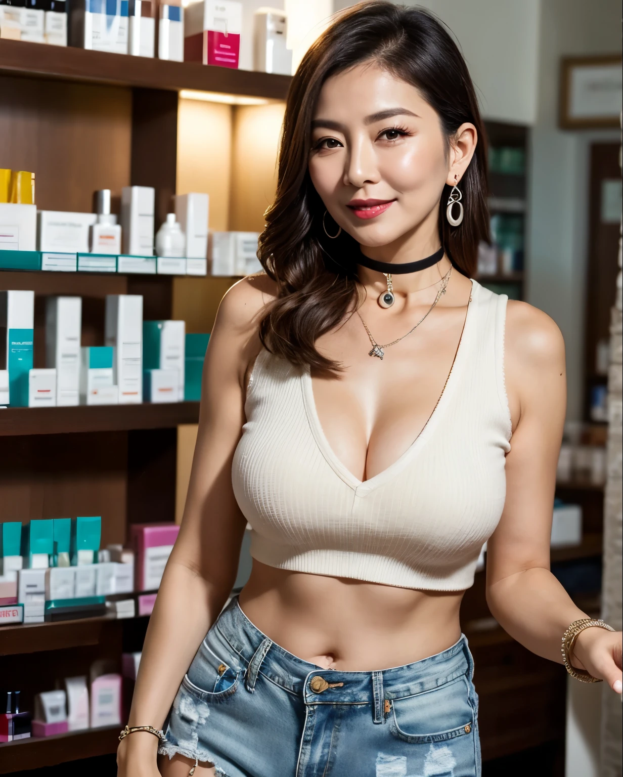 75 years old mom milf Korean, Lady large earring Big choker navel piercing decoration A bracelet Silver Hair realisitic Gorgeous Madame Beautiful Mature Woman sexly Smile Gentle woman navel piercing 4K High quality pharmacy Drugstore cosmetics Cosmetics shopping Denim shorts