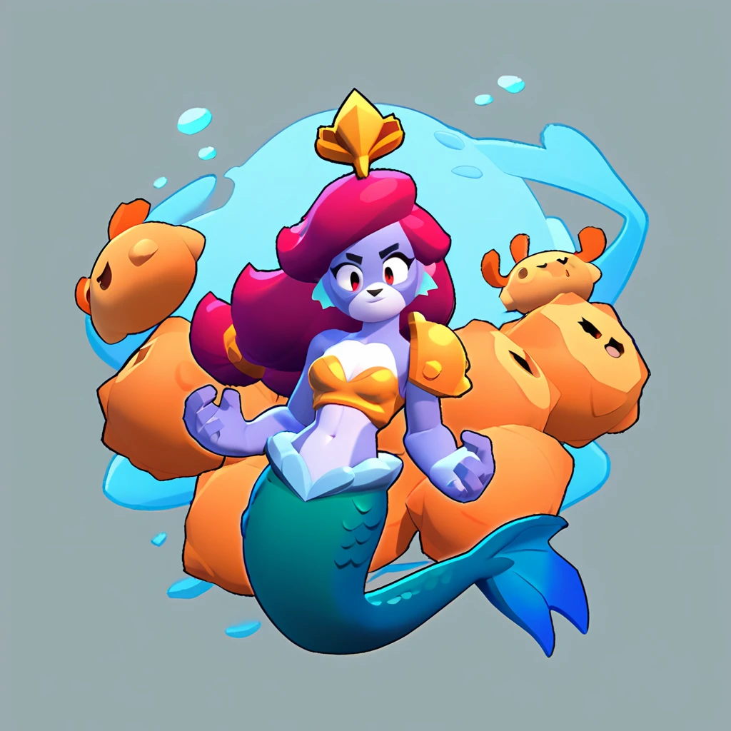 full body view of a furry mermaid, furry animal, female, long hair, red and white color, having steel shoulder pads, brawl, brawl stars 