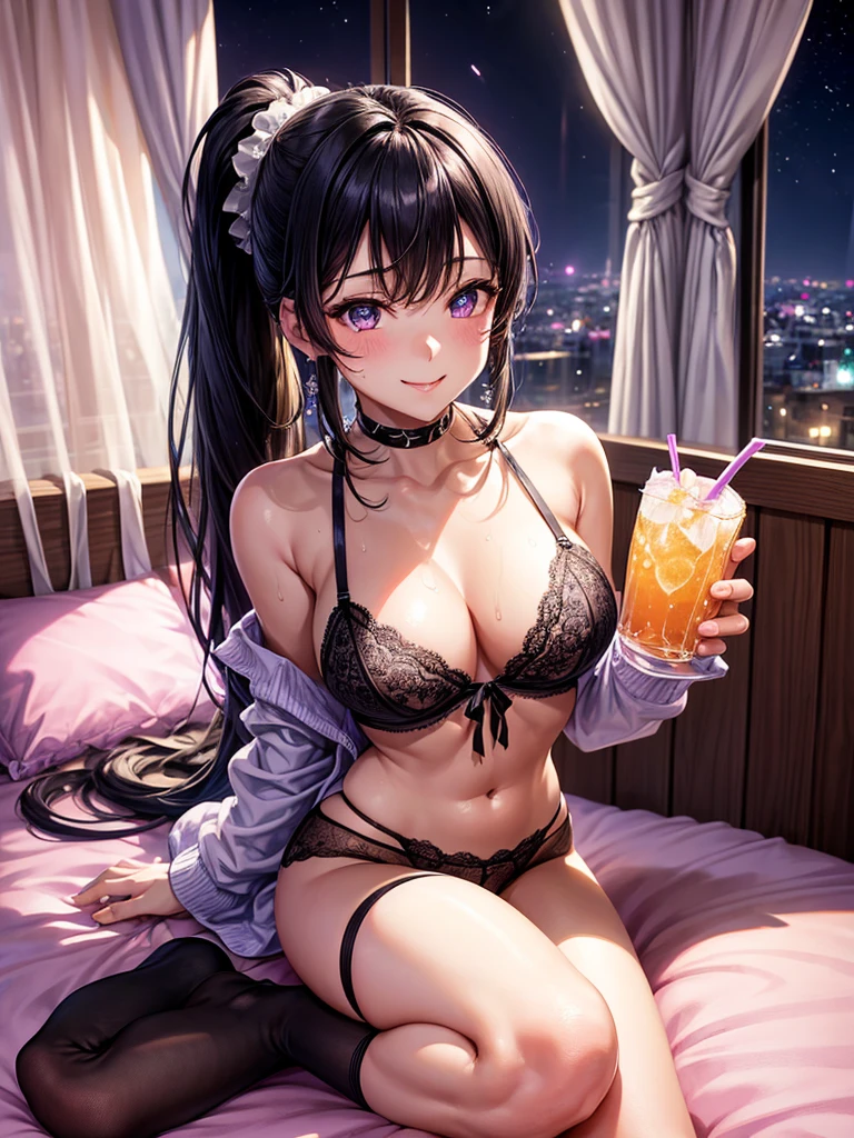 Highest quality,Highest Resolution,Beautiful smiling girl in light purple underwear in bedroom at night,Black hair ponytail,Very beautiful eyes,(((Drink a drink))),Knee-high stockings,Sweat profusely,Super High Leg,Sexy Lingerie,Ｔback,Outside the window is a night view,