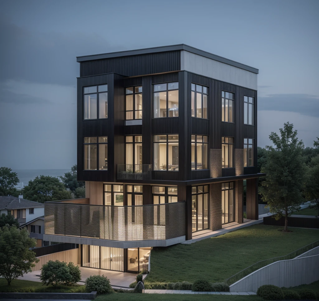 RAW photo, Exterior of two story black modern house, (road:1.3), (sidewalk:1.3), (sidewalk trees:1.3), (residences area:1.4), dawn time, overcast, tropical trees and plants, (high detailed:1.2), 8k uhd, dslr, soft lighting, high quality, (sharpen:1.5)